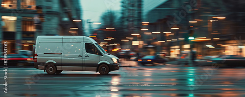 Side view of modern delivery van driving on the city