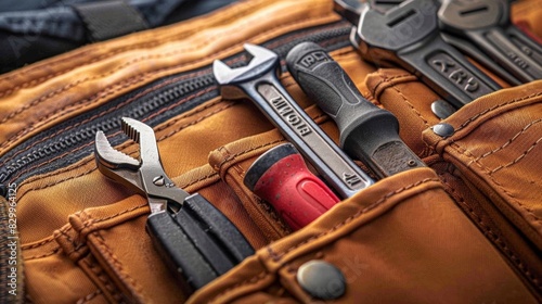 An array of different sized wrenches and pliers resting in a tool belts front pockets.