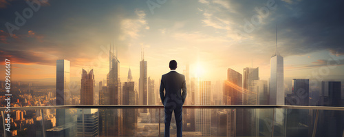 A corporate leader contemplating their career and future at a city rooftop setting goals for their role as a professional on a tall building. Professional Development: Corporate Leader Pondering Futu 