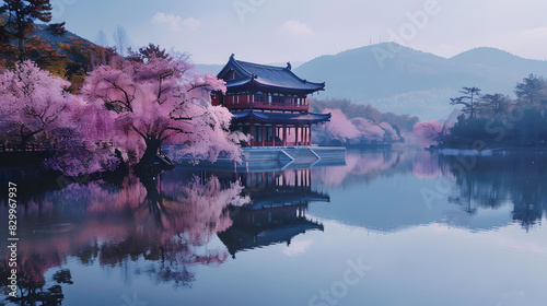 Japan Sakura festival of Cherry tree blossom. Generative AI.