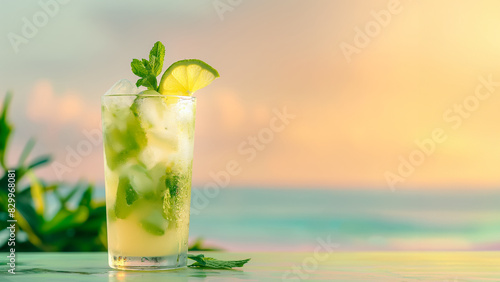 Mint Mojito cocktail with tropical beach view, isolated on a gradient background 