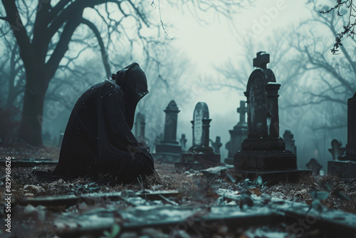 Dark figure overcome with grief and solitude, sits near a grave in a cemetery on a cold winter day