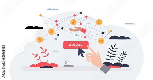 Online fundraising campaign for money donation tiny person hands concept, transparent background. Economical assistance and social aid for poor people illustration.
