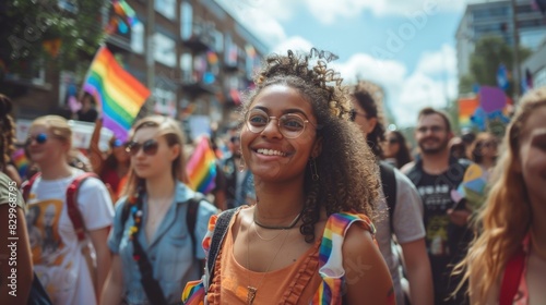 Crowd of people are at a pride parade LGBTQ women rights