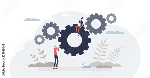 Workflow automation tools for work task optimization tiny person concept, transparent background. Efficiency and productivity improvement with automatic process systems illustration.