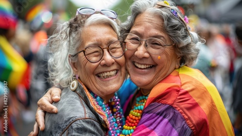 Older women hugging and happy at an LGBTQ pride day concept with flags