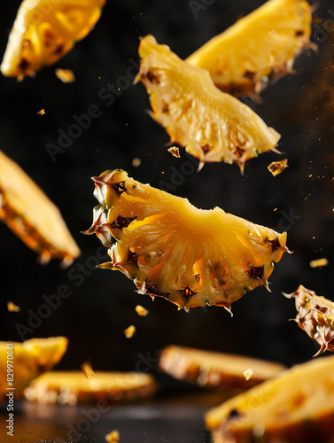 Delicious-looking image of pineapple slices. Free fall from space. Black background.