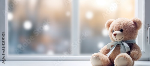 Indoor shot of a cute and lonely teddy bear sitting on a windowsill with ample copy space for text