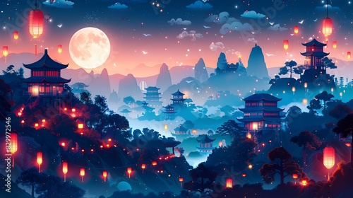 Enchanting Japanese Nightscape with Pagodas,Lanterns,and Moonlight