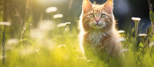 Cat romps in a sunny meadow with plenty of empty space for a picture. with copy space image. Place for adding text or design