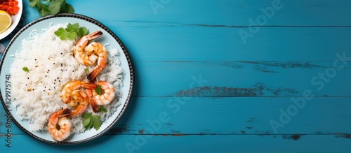 A plate of seafood saute served with rice on a blue plate with copy space for additional elements in the image