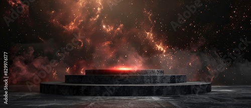 The dark podium in center of fiery explosion.