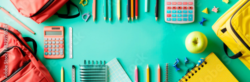 Various school supplies and backpacks arranged on a green background.