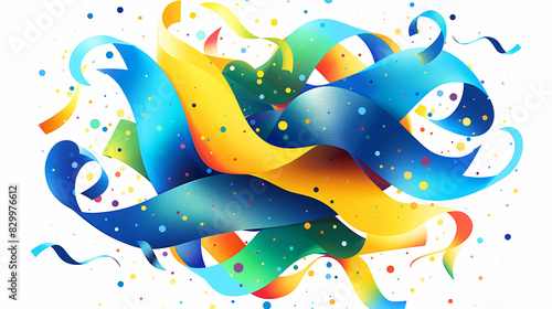 A colorful, abstract painting of ribbons and streamers. Flat illustration of a flow of ribbons, surrounded with party ribbons getting out of it, like a big twist, minimalist, disco atmosphere