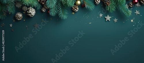 Festive Christmas border with stylish decorations confetti and fir branches on a green background A flat lay copy space image for a seasons greetings card template