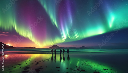 Generated image of a couple of people in a night landscape of a spectacular full spectrum display of the Aurora Borealis or commonly known as the northern lights.