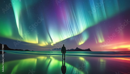 Generated image of a person in a night landscape of a spectacular full spectrum display of the Aurora Borealis or commonly known as the northern lights.