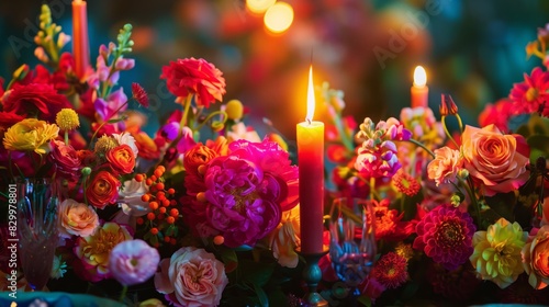 Wedding table adorned with vibrant flowers and a melting candle.