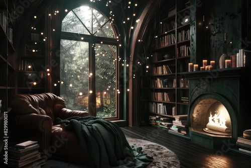 Cozy reading nook with leather armchair, fireplace, and bookshelves. Fairy lights add warmth, creating a perfect ambiance for relaxation.