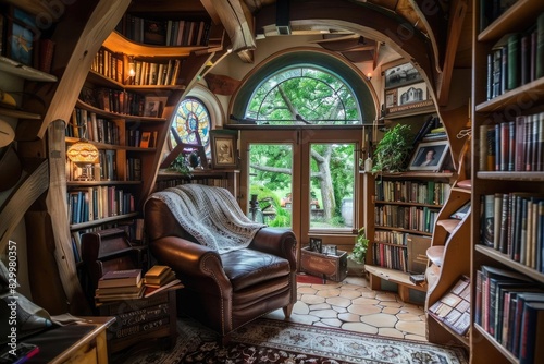 Cozy reading nook with a leather chair surrounded by bookshelves, featuring a large window with lush green scenery outside.
