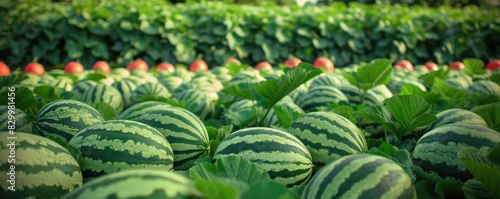 Lush watermelon field with ripe fruits scattered among green leaves, showcasing a bountiful harvest under the summer sun.