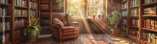 Cozy reading corner in library with leather armchair surrounded by bookshelves and sunlit window.