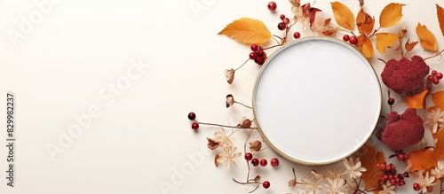 Autumn themed decoration with an open circular gift box surrounded by autumnal ornaments such as sloe and cotton flowers placed on a white wooden background Perfect for floral design with ample space
