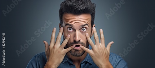 A man in a blue shirt looks amazed as he gestures with his hands and makes eye contact with the camera The background is gray with copy space for images 138 characters