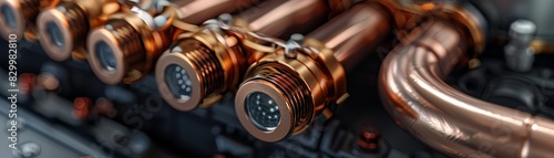 Closeup of a complex system of copper pipes and valves.