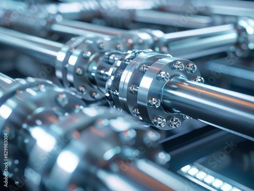 Close-up of shiny, metallic pipes and flanges with bolts in a factory setting. The image evokes a sense of precision and industrial strength.