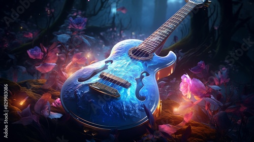 Guitar with glowing magical elements, fantasy style, illustration, enchanting atmosphere 8K , high-resolution, ultra HD,up32K HD