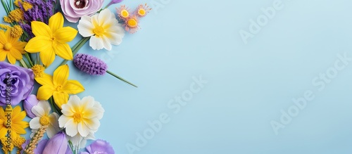 A flat lay of yellow and purple flowers on a pastel blue background creates a charming spring and Easter themed composition with a top down view and plenty of copy space for customization