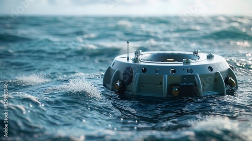 A futuristic, circular drone floats on choppy ocean waves, with an antenna protruding from its center