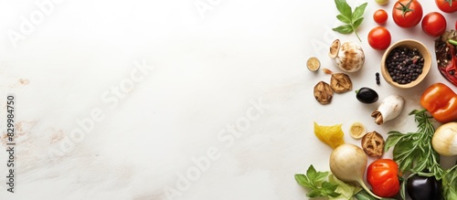 Copy space image of Italian food on a white kitchen table