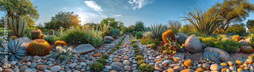 Arid desert garden with a variety of cacti and succulents. The plants are arranged in a natural, informal way, and the ground is covered with rocks and pebbles.