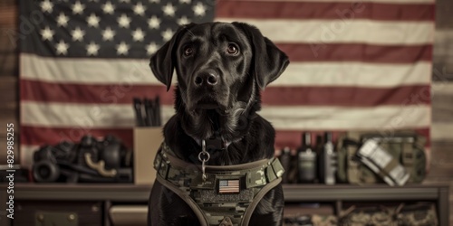 A noble Black Labrador Retriever wearing a tactical vest with an accurately oriented American flag patch. A military backdrop with a prominent, correctly rendered American flag extending beyond the