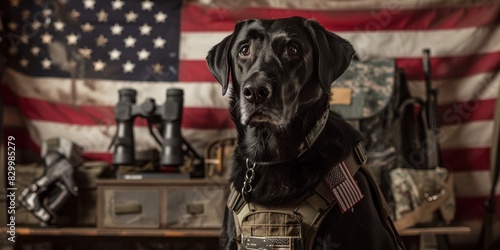 A noble Black Labrador Retriever wearing a tactical vest with an accurately oriented American flag patch. A military backdrop with a prominent, correctly rendered American flag extending beyond the