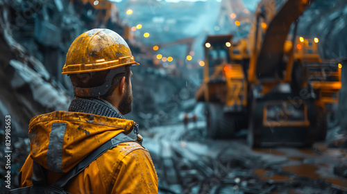A hard-working miner wearing a hard hat and yellow jacket looks out over a largeLu Tian Kuang .