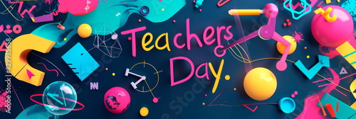 A festive banner arranged Teachers Day representing various subjects like math, science, literature,