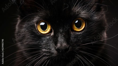 close up of a black cat with yellow eyes and pink nose on a pitch black background