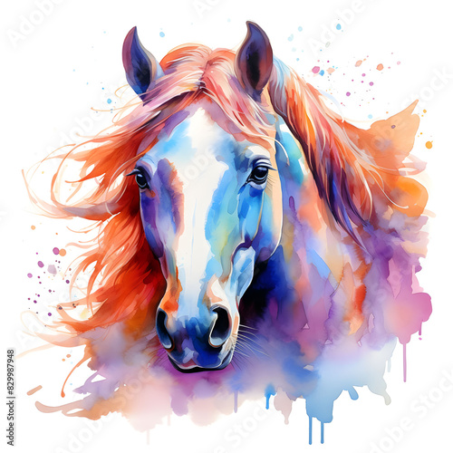 Majestic horse with long hair painting. Watercolor animals illustration with splashes on white background.