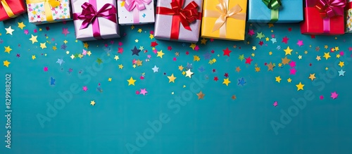 A festive top down view of gift boxes wrapped in vibrant paper and adorned with confetti set against a colorful background This cheerful holiday flat lay captures the spirit of Christmas birthdays Va