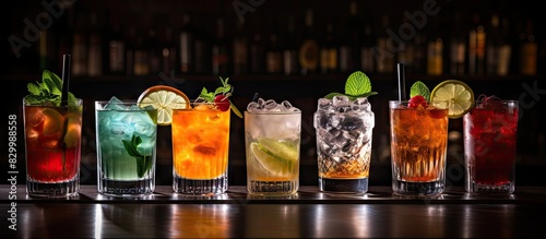 A copy space image displaying a variety of popular summer cocktail drinks including negroni blueberry mojito screwdriver hurricane and french mule arranged on a black bar counter