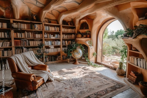 Cozy reading nook in a rustic home library with wooden shelves, armchair, plant, and globe by a sunny window overlooking nature.