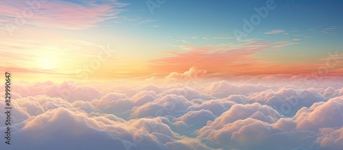A captivating image with a picturesque sunset where the serene blue sky meets the gentle embrace of fluffy clouds framed in the background for maximum copy space