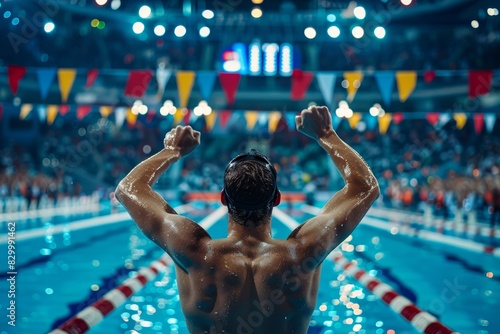 Swimmer Celebrating Victory at Olympic Pool with Scoreboard and Cheering Crowd - Perfect for Sports, Achievement, and Inspiration Designs