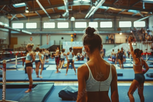 Team Gymnastics Training Session in a Gymnasium with Various Equipment and Athletes