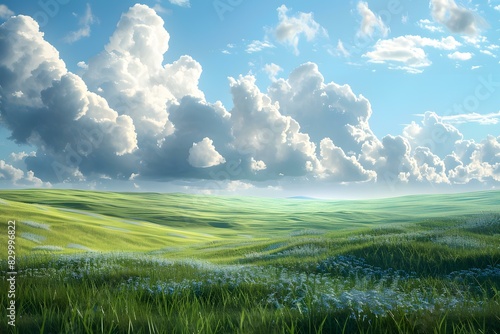 Green rolling hills under blue cloudy sky