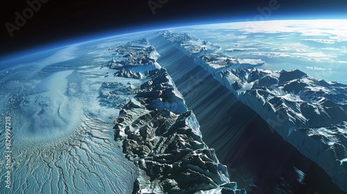 Stunning view of Earth's mountains captured from space, showcasing dramatic terrain contrasts and the curvature of the planet.