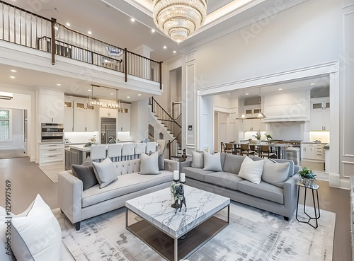 Luxurious living room in a new construction home with a high ceiling, white walls and trim